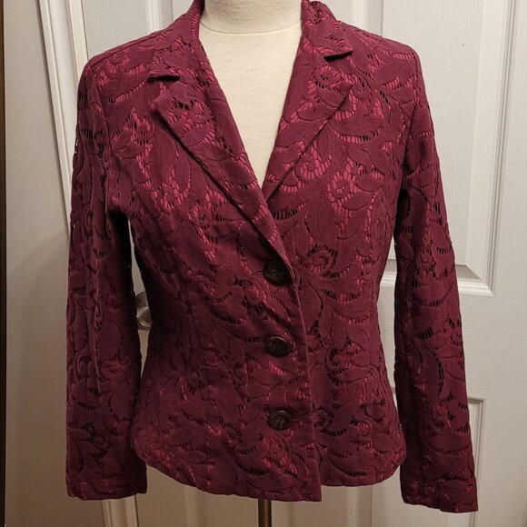 CAbi Womens Frolic Plumberry 3 Button Blazer - Lace Overlay - Picture 2 of 9